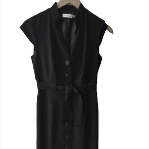 Calvin Klein Button Down Cap Sleeves Belted Sheath Dress - Black